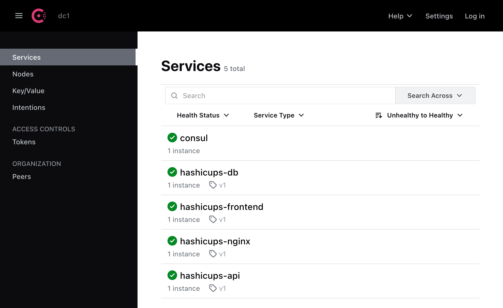 Services page with HashiCups