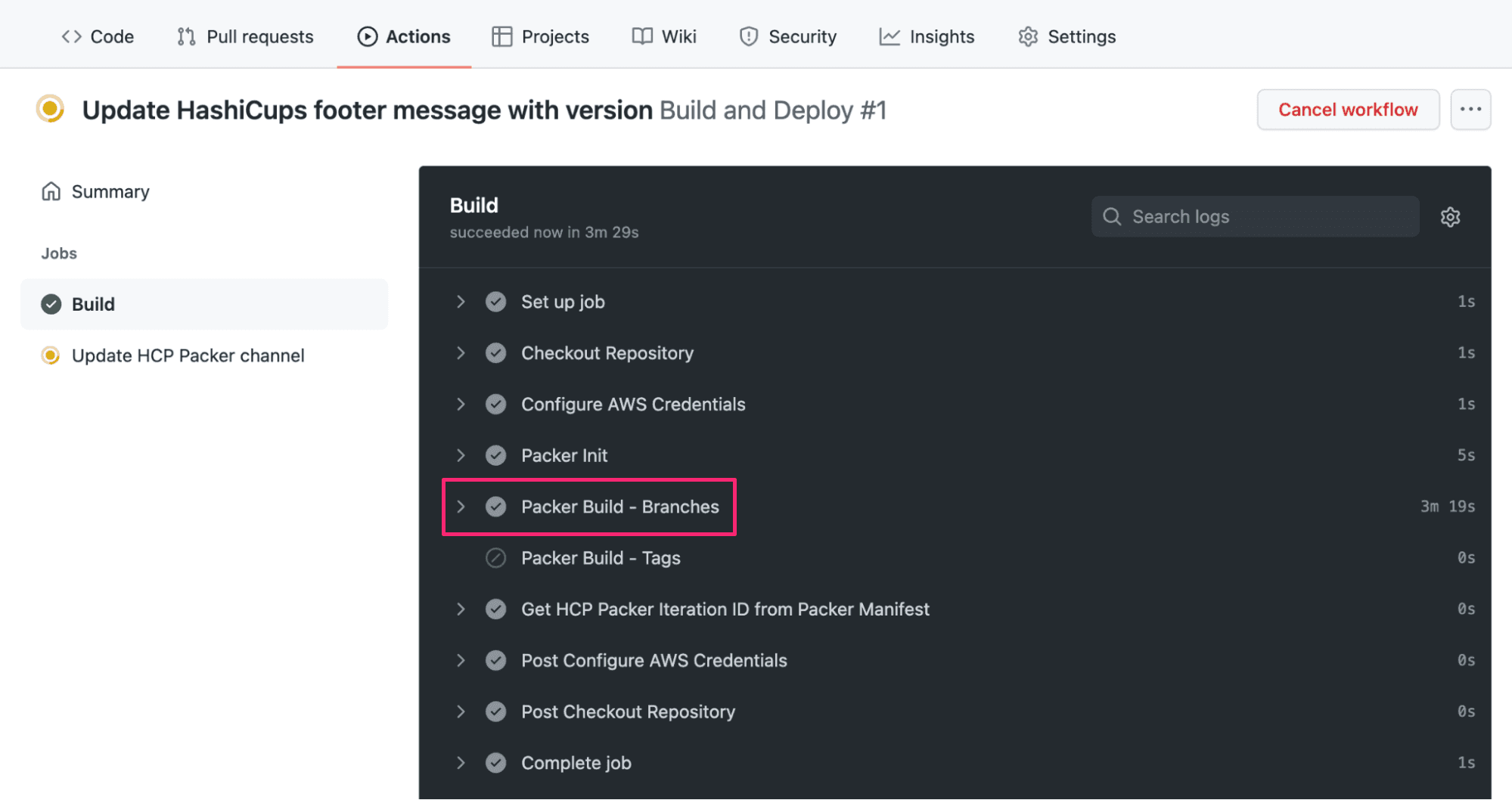 Detailed view of first GitHub actions run. This workflow runs the branches build.