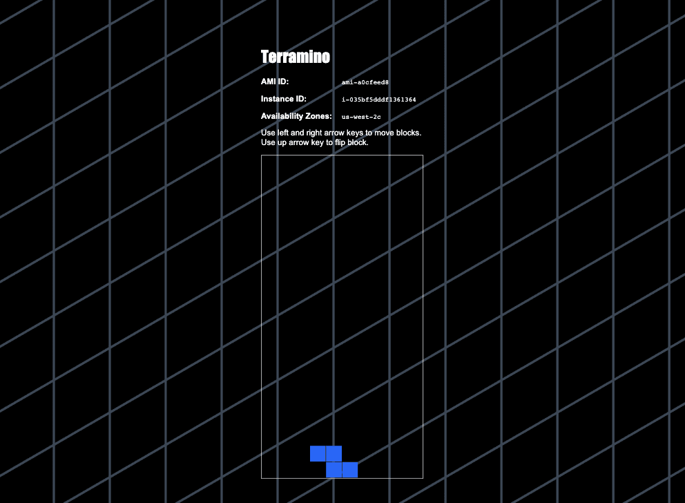 Terramino page that display's the instance's ID AMI ID, and availability zone