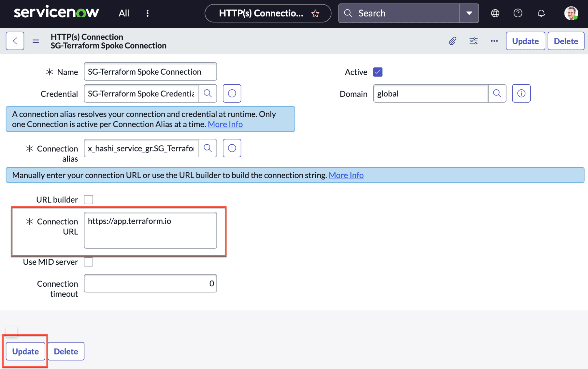 ServiceNow Service Graph Connector HTTP Connection configuration screen. A Terraform Enterprise URL may be provided in the Connection URL field, the saved by clicking the Update button