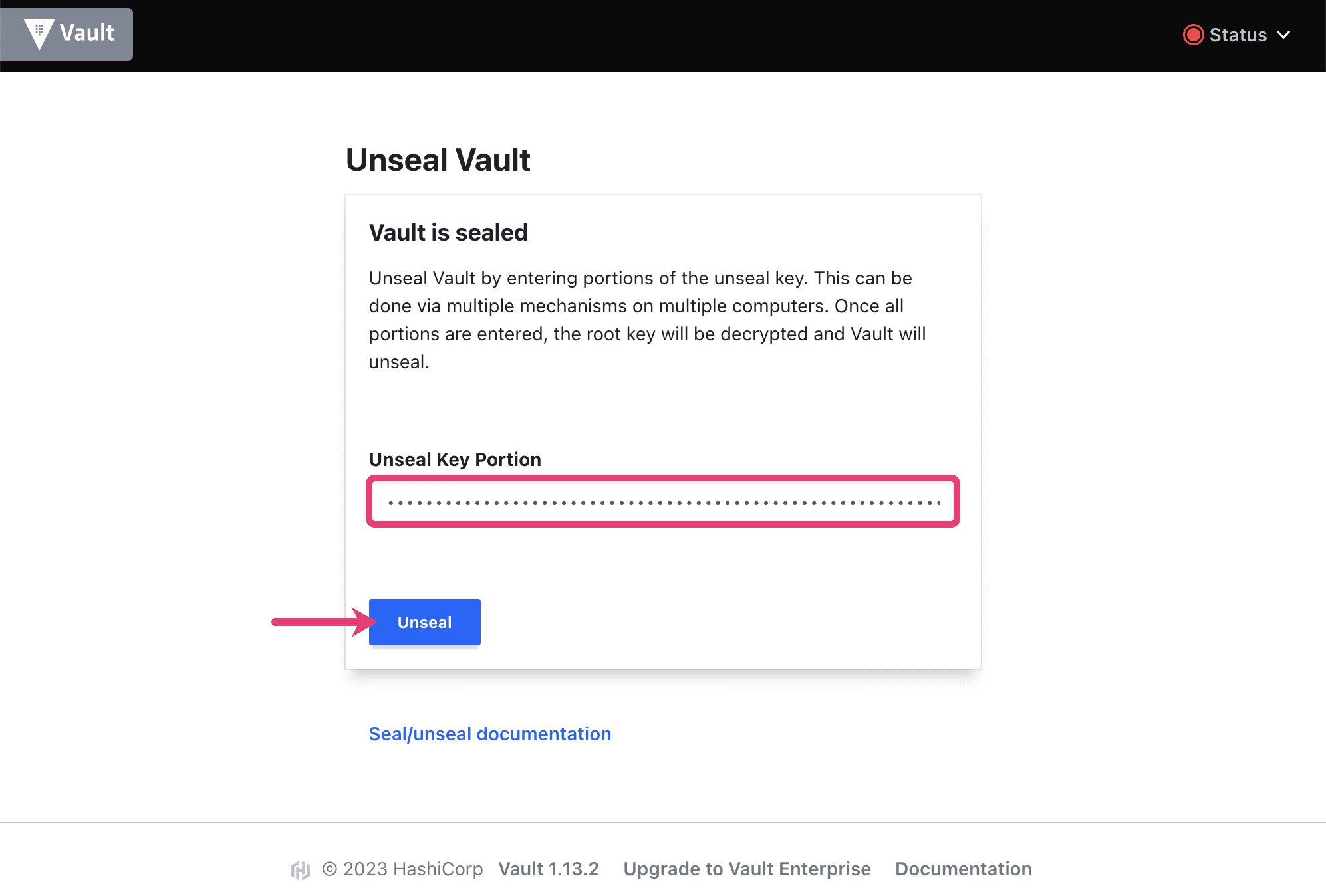 Vault screenshot showing pasted unseal key