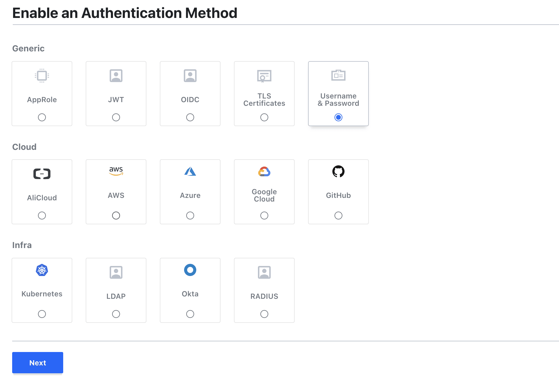 Enable username and password auth method