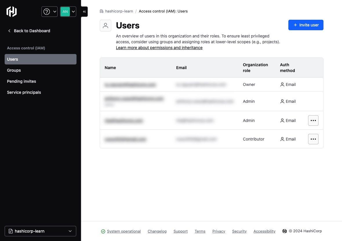 HCP users page showing a list of users with access to the HCP organization